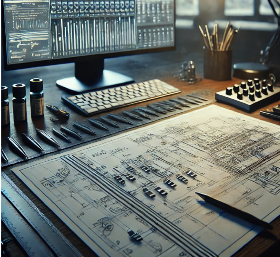 Plan détaillé de workflow sur un bureau de post-production, avec un écran d'ordinateur et des outils techniques.